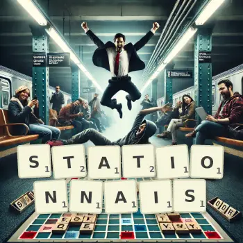 Illustration créative d'un jeu de lettres avec le mot STATIONNAIS épelé sur le plateau.