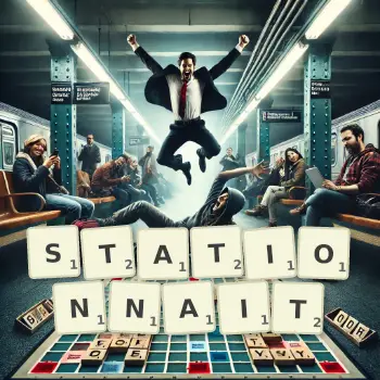 Illustration créative d'un jeu de lettres avec le mot STATIONNAIT épelé sur le plateau.
