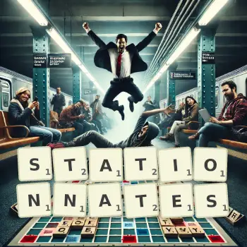 Illustration créative d'un jeu de lettres avec le mot STATIONNATES épelé sur le plateau.