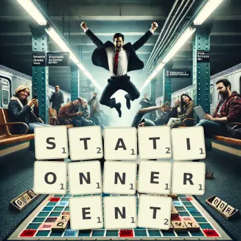 Illustration créative d'un jeu de lettres avec le mot STATIONNERENT épelé sur le plateau.