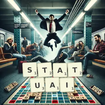 Illustration créative d'un jeu de lettres avec le mot STATUAI épelé sur le plateau.