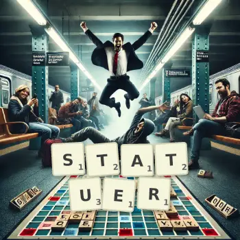 Illustration créative d'un jeu de lettres avec le mot STATUER épelé sur le plateau.