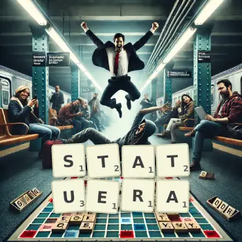 Illustration créative d'un jeu de lettres avec le mot STATUERA épelé sur le plateau.