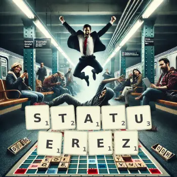 Illustration créative d'un jeu de lettres avec le mot STATUEREZ épelé sur le plateau.