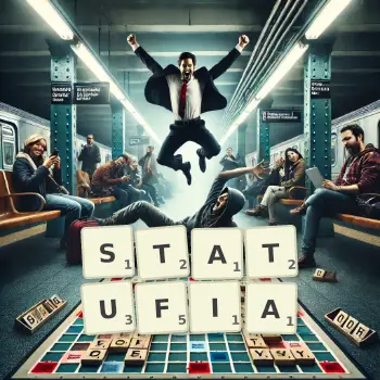 Illustration créative d'un jeu de lettres avec le mot STATUFIA épelé sur le plateau.