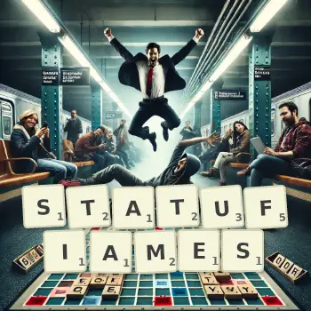 Illustration créative d'un jeu de lettres avec le mot STATUFIAMES épelé sur le plateau.