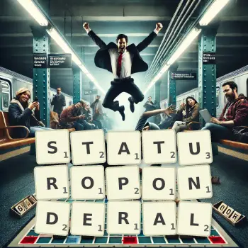 Illustration créative d'un jeu de lettres avec le mot STATUROPONDERAL épelé sur le plateau.