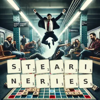 Illustration créative d'un jeu de lettres avec le mot STEARINERIES épelé sur le plateau.