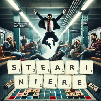 Illustration créative d'un jeu de lettres avec le mot STEARINIERE épelé sur le plateau.