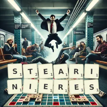 Illustration créative d'un jeu de lettres avec le mot STEARINIERES épelé sur le plateau.