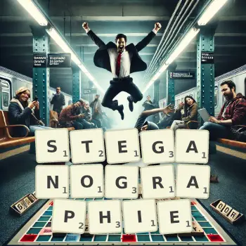 Illustration créative d'un jeu de lettres avec le mot STEGANOGRAPHIE épelé sur le plateau.