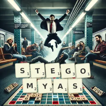 Illustration créative d'un jeu de lettres avec le mot STEGOMYAS épelé sur le plateau.