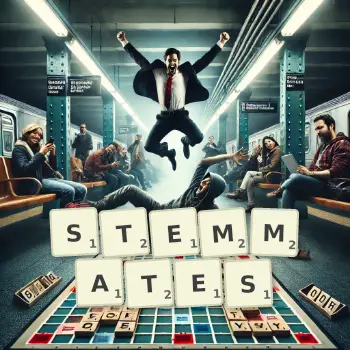 Illustration créative d'un jeu de lettres avec le mot STEMMATES épelé sur le plateau.