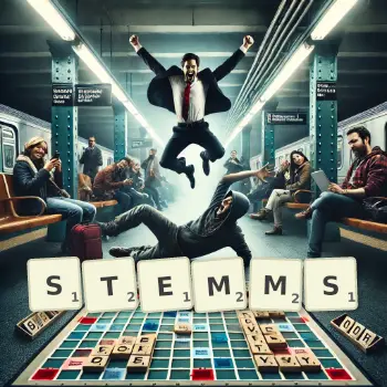 Illustration créative d'un jeu de lettres avec le mot STEMMS épelé sur le plateau.