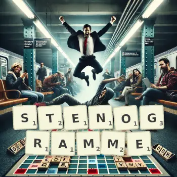 Illustration créative d'un jeu de lettres avec le mot STENOGRAMME épelé sur le plateau.