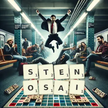 Illustration créative d'un jeu de lettres avec le mot STENOSAI épelé sur le plateau.