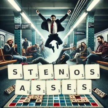 Illustration créative d'un jeu de lettres avec le mot STENOSASSES épelé sur le plateau.