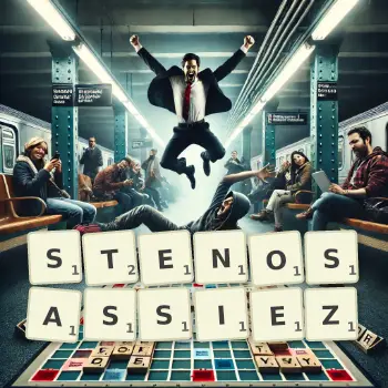 Illustration créative d'un jeu de lettres avec le mot STENOSASSIEZ épelé sur le plateau.