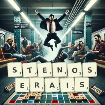 Illustration créative d'un jeu de lettres avec le mot STENOSERAIS épelé sur le plateau.