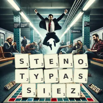 Illustration créative d'un jeu de lettres avec le mot STENOTYPASSIEZ épelé sur le plateau.