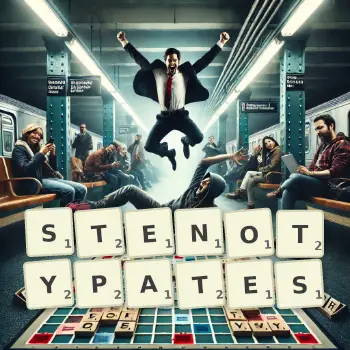 Illustration créative d'un jeu de lettres avec le mot STENOTYPATES épelé sur le plateau.