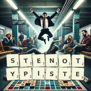 Illustration créative d'un jeu de lettres avec le mot STENOTYPISTE épelé sur le plateau.