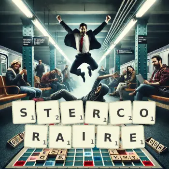 Illustration créative d'un jeu de lettres avec le mot STERCORAIRE épelé sur le plateau.