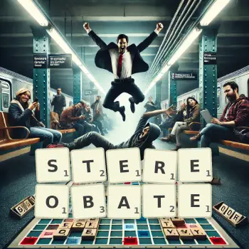 Illustration créative d'un jeu de lettres avec le mot STEREOBATE épelé sur le plateau.