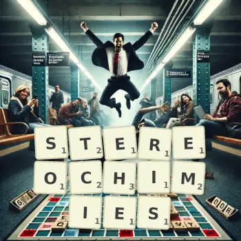 Illustration créative d'un jeu de lettres avec le mot STEREOCHIMIES épelé sur le plateau.