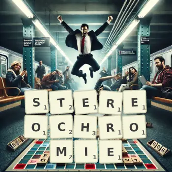 Illustration créative d'un jeu de lettres avec le mot STEREOCHROMIE épelé sur le plateau.