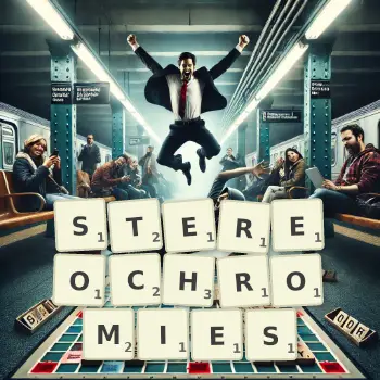 Illustration créative d'un jeu de lettres avec le mot STEREOCHROMIES épelé sur le plateau.