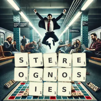 Illustration créative d'un jeu de lettres avec le mot STEREOGNOSIES épelé sur le plateau.