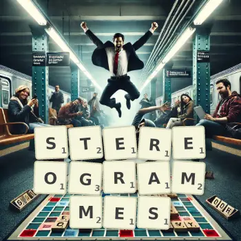 Illustration créative d'un jeu de lettres avec le mot STEREOGRAMMES épelé sur le plateau.