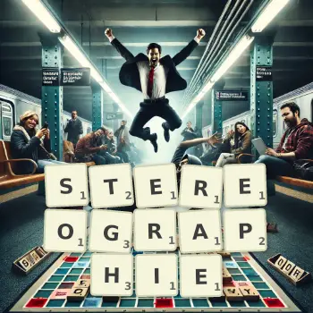 Illustration créative d'un jeu de lettres avec le mot STEREOGRAPHIE épelé sur le plateau.