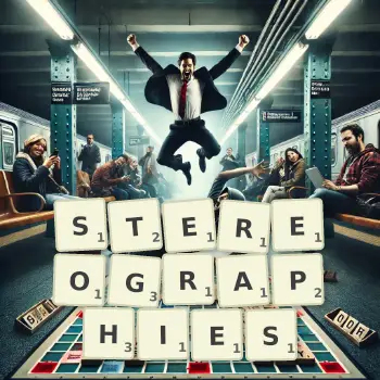 Illustration créative d'un jeu de lettres avec le mot STEREOGRAPHIES épelé sur le plateau.