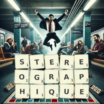 Illustration créative d'un jeu de lettres avec le mot STEREOGRAPHIQUE épelé sur le plateau.