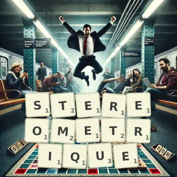 Illustration créative d'un jeu de lettres avec le mot STEREOMETRIQUE épelé sur le plateau.