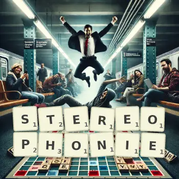 Illustration créative d'un jeu de lettres avec le mot STEREOPHONIE épelé sur le plateau.