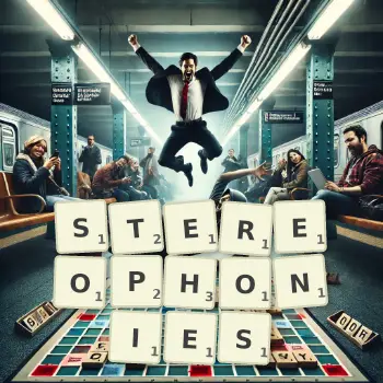 Illustration créative d'un jeu de lettres avec le mot STEREOPHONIES épelé sur le plateau.
