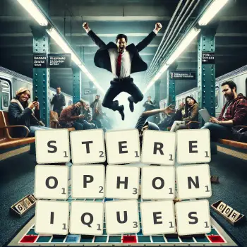 Illustration créative d'un jeu de lettres avec le mot STEREOPHONIQUES épelé sur le plateau.