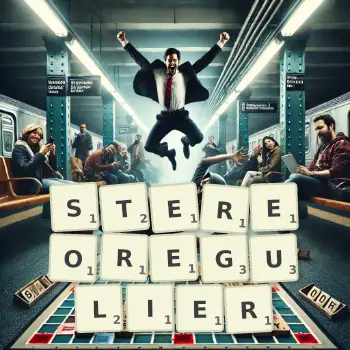 Illustration créative d'un jeu de lettres avec le mot STEREOREGULIER épelé sur le plateau.