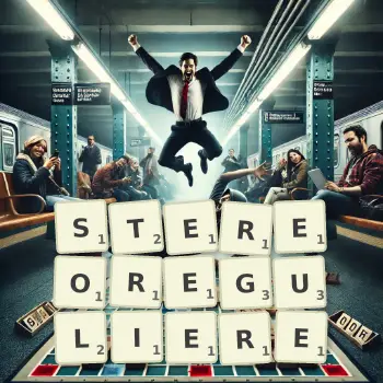 Illustration créative d'un jeu de lettres avec le mot STEREOREGULIERE épelé sur le plateau.