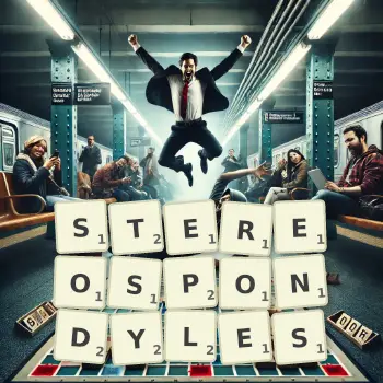 Illustration créative d'un jeu de lettres avec le mot STEREOSPONDYLES épelé sur le plateau.