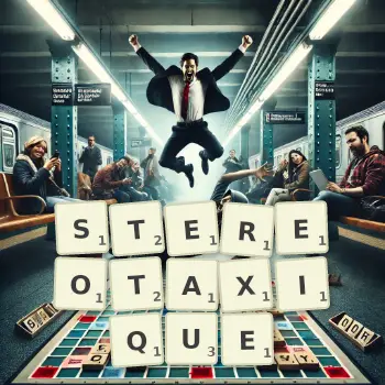 Illustration créative d'un jeu de lettres avec le mot STEREOTAXIQUE épelé sur le plateau.