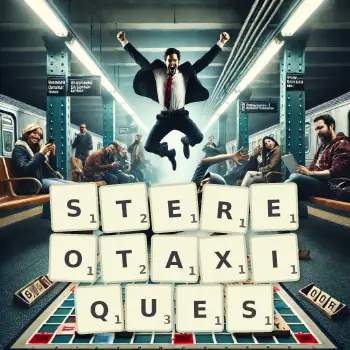Illustration créative d'un jeu de lettres avec le mot STEREOTAXIQUES épelé sur le plateau.