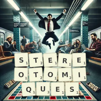 Illustration créative d'un jeu de lettres avec le mot STEREOTOMIQUES épelé sur le plateau.