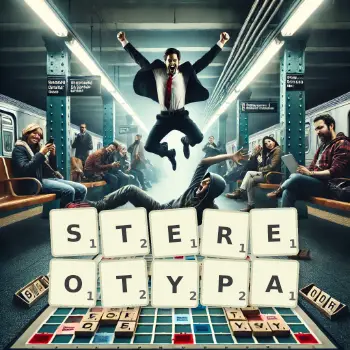 Illustration créative d'un jeu de lettres avec le mot STEREOTYPA épelé sur le plateau.