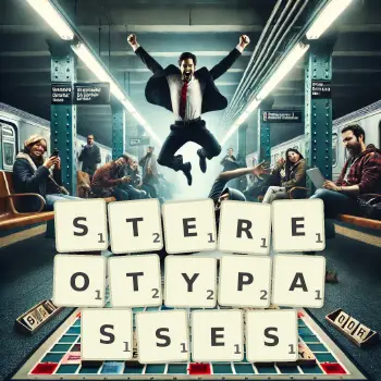 Illustration créative d'un jeu de lettres avec le mot STEREOTYPASSES épelé sur le plateau.