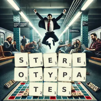 Illustration créative d'un jeu de lettres avec le mot STEREOTYPATES épelé sur le plateau.