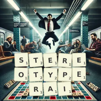 Illustration créative d'un jeu de lettres avec le mot STEREOTYPERAI épelé sur le plateau.